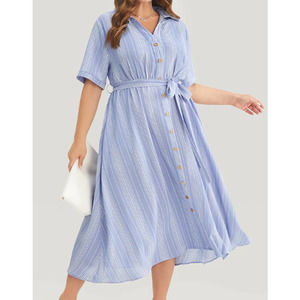 BLOOMCHIC 18-20 2X plus blue striped collar shirt button midi dress NWT B143